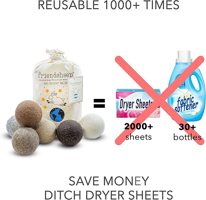Friendsheep Wool Dryer Balls, Organic Reusable Fabric Softener Alternative for Laundry, Handmade, Fair Trade, Hypoallergenic, Eco-Friendly, Plastic-Free (6 Pack XL - Natural Mystic)