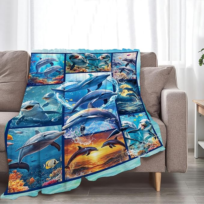 Dolphin Blanket Ultra Soft Cozy Dolphin Throw Blanket Fleece Fuzzy Plush Bedding Marine Life Lovers Gifts for Women Girls Kids Adults Couch Sofa 50"x40"