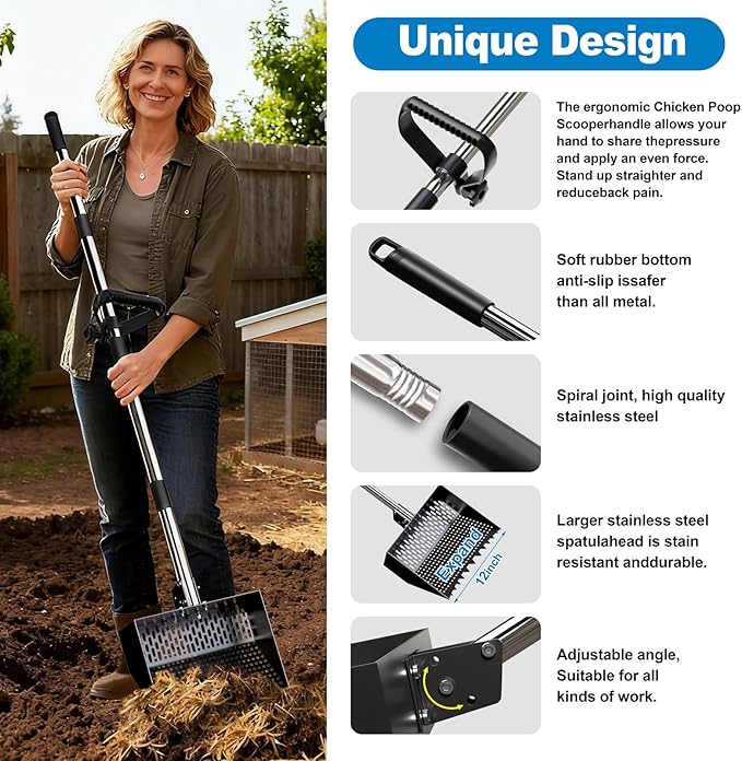 2-in-1 Chicken Poop Scooper & Rake 12-Inch Large Metal Shovel Head Adjustable Stainless Steel Handle (24 to 64") Litter Sifting Shovel Cleaning Tools for Chicken Run, Animal Farm (Black)