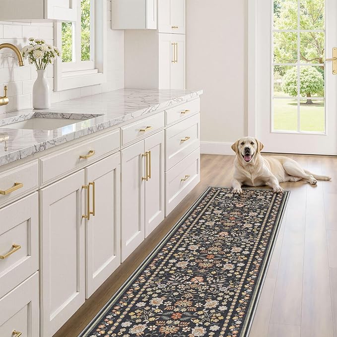 Runner Rug for Hallways Kitchen: 2x6 Washable Area Rug Boho Floral Soft Long Rug - Non-Slip Low Pile Throw Indoor Carpet for Entryway Kitchen Bedroom Laundry Bathroom - Black Grey
