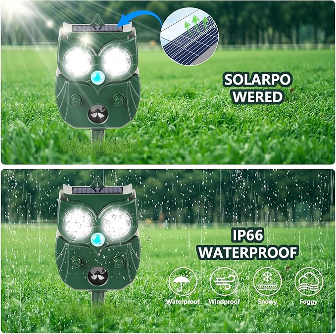 2 Pack 2025 Upgraded Solar Ultrasonic Animal Repellent Outdoor – Motion Activated Deer, Squirrel, Cat, Raccoon, Dog & Bird Deterrent with Multi-Frequency LED Strobe & Ultrasonic Sweep for Yard Garden