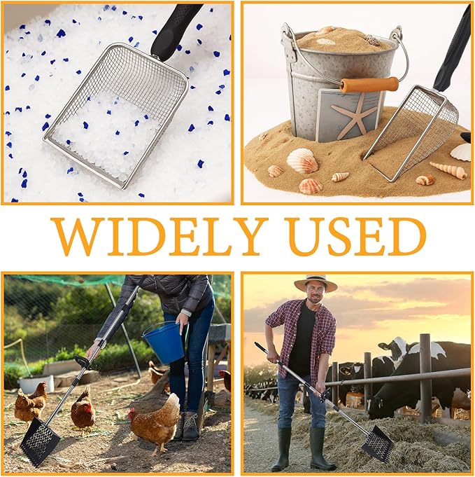 Chicken Poop Scooper and Rake 2-in-1 Metal Coop Scooper 15 to 65" Adjustable Stainless Steel Handle, with Small Net Shovel and Gloves Chicken Coop Goat Stall Stable Cleaning Tools