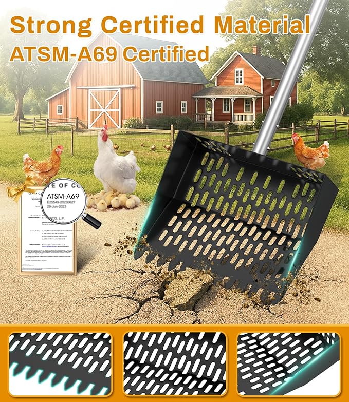Chicken Poop Scooper for Sand,Coop Scoop 3 IN 1 Rake Function【Fine Sieve Holes】【Adjustable Stainless handle 24 to 68"】Metal Cat Litter Scoop, No Hole Shovel Side Scooper Chicken Poop Scooper for Sand