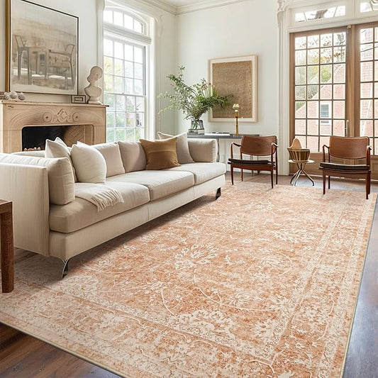 Madane 5x7 Area Rugs for Living Room, Washable Vintage Rug with Non-Slip Backing, Soft Floral Print Throw Rugs Floor Low Pile Carpet for Bedroom Dining Room Farmhouse (5 x 7, Jasper Orange)