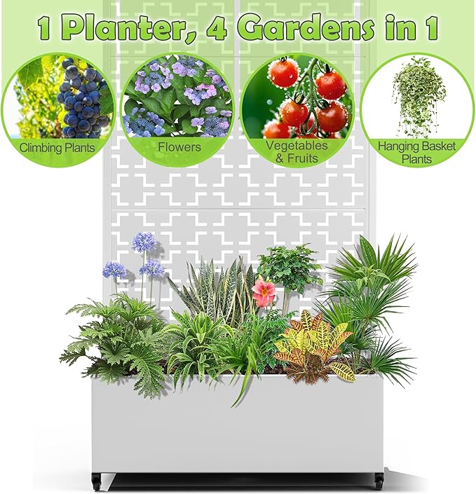 15.7"×70.9"×35.4" Metal Raised Garden Bed with Trellis and Wheels - Tall Trellis Planter Box for Climbing Plants, Vegetables & Vines - Outdoor Privacy Planters for Patio (White-Square)