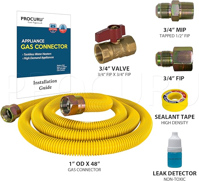 PROCURU 1" OD x 48" (4Ft) x 3/4"MIP x 3/4"FIP Universal Flexible Gas Connector Kit with Gas Valve, Weatherproof MaxFlow Stainless Steel Tubing for Tankless Water Heater (Blue-B1 Series)