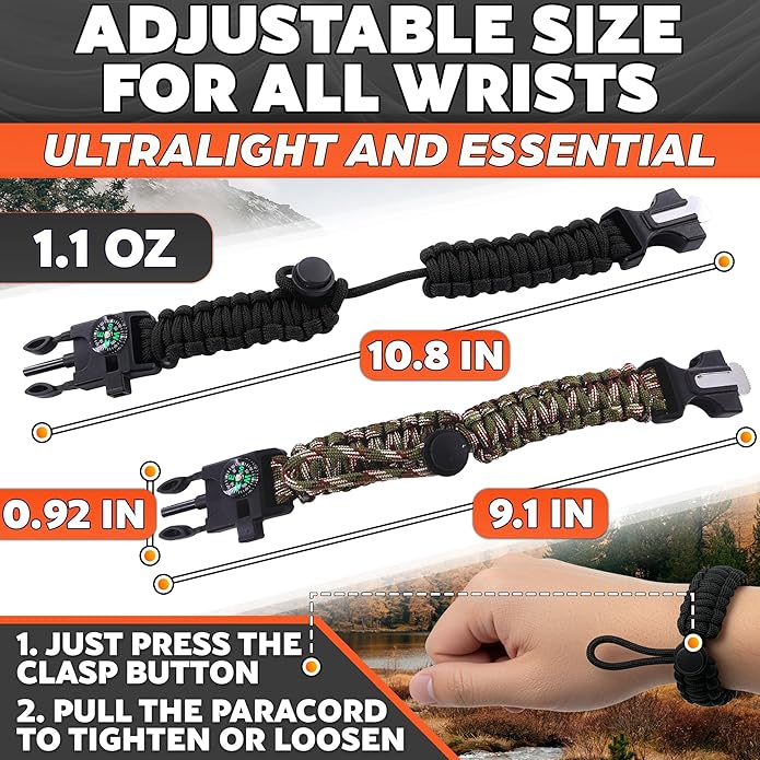 2Pack Survival Paracord Bracelet – 5-in-1 Adjustable Tactical Bracelet for Men with 10 ft Paracord, Flint Fire Starter, Compass, Whistle & Scraper – Survival Gear for Camping, Hiking, Fishing & Travel