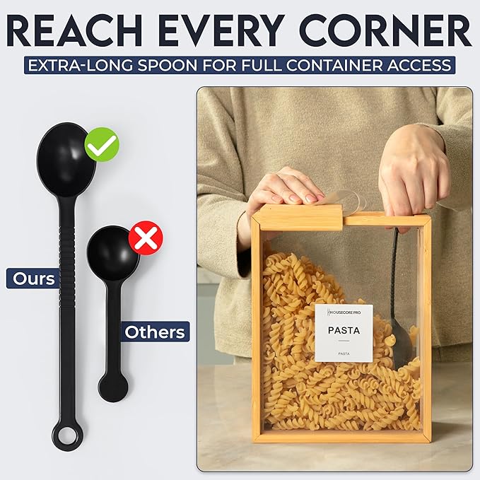 HouseCorePro 2 Pack Bamboo Food Storage Containers – Large 2.75L Food Dispenser with Measuring Spoon, 18 Labels, 6 Freshness Stickers, Wood Pantry Organizers and Storage for Dry Goods, 9.50x7.25x4in.