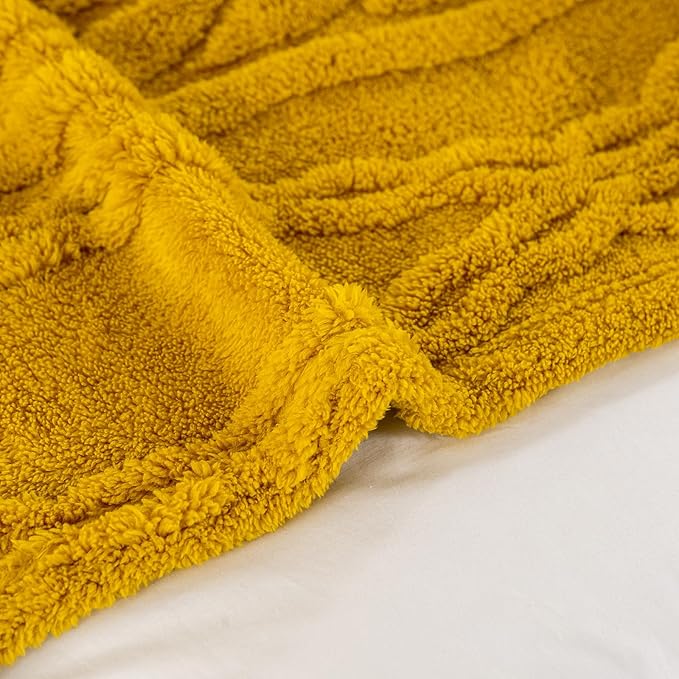 YUSOKI Sherpa Queen Size Blanket(Without Pillows)-3D Stylish Design Super Soft Blankets for Teen Girls Women Couch Bed Sofa Chair Men Boys Gift(Mustard Yellow,90"x90")