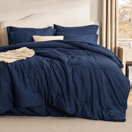 Bedsure Full Comforter Set Navy - Bed in a Bag Full Size Bedding 7 Pieces, Cationic Dyed Bed Set Gift for Family, Navy Soft Bedding for All Seasons Comforter with Sheets, Pillowcases & Shams