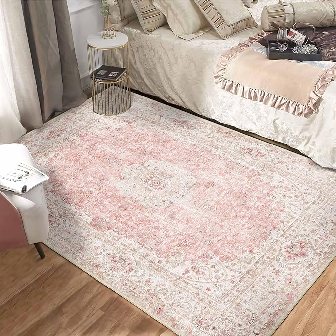 Pink Rug 4'x6.5',Washable Area Rugs for Bedroom Living Room Kitchen Entryway,Small Boho Vintage Bohemian Distressed Non Slip Carpet,Blush