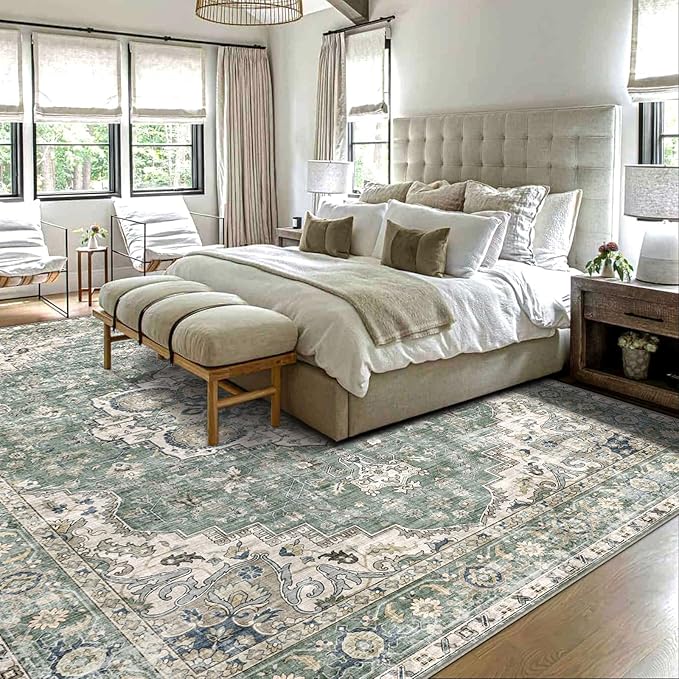 Area Rugs 9x12 Living Room - Large Washable Sage Green Boho Rugs for Bedroom Soft Vintage Rug Ultra-Thin Farmhouse Oriental Medallion Carpet Non Slip Rug for Dining Room Guest Room Home Decor