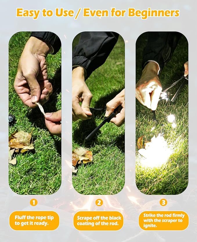 5 in 1 Ferro Rod Fire Starter Kit, Survival Gear Tool with Flint and Steel, Emergency Whistle, Credit Card Multitool, Compass & Waterproof Tinder for Outdoor, Emergency, Camping, Hiking, Gifts for Men