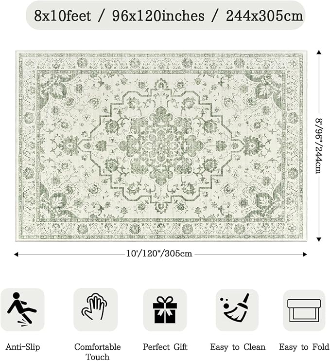 Madane 8x10 Area Rugs for Living Room, Machine Washable Vintage Beige Rug with Non-Slip Backing, Soft Throw Large Rug, Thin Carpet for Bedroom Dining Room Farmhouse Under Table, Green/Ivory