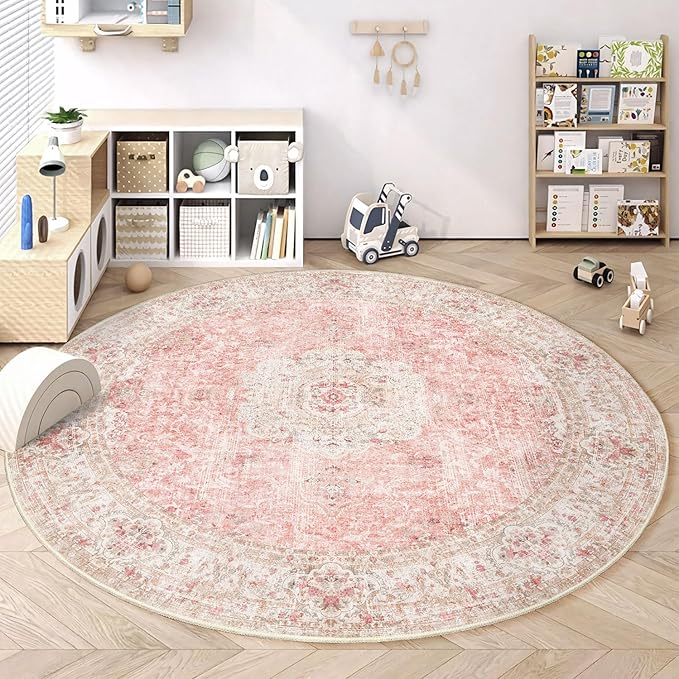 Round Rug 9ft,Large Pink Circle Area Rugs for Bedroom Living Room,Washable Boho Vintage Bohemian Distressed Oriental Floral Carpet Non Slip