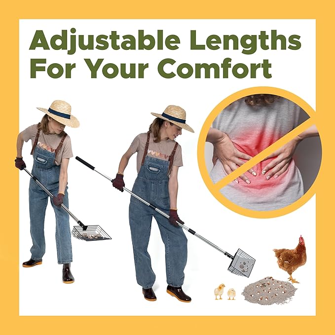 Chicken Poop Scooper for Sand, ¼" Slotted Fine Sifter & Durable Chicken Litter Scoop, Sifting Shovel, Coop Pooper Scooper, Metal Sand Sifter Shovel for Poultry Litter, 2-in-1 Poop Scoop and Rake Tool