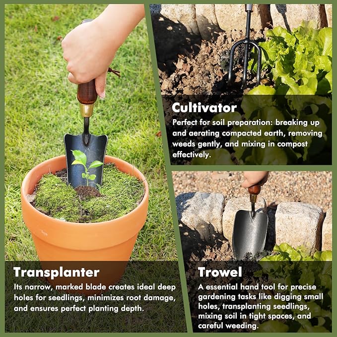RESTMO Heavy Duty Gardening Tools Kit, 3 Pack Wooden Handle Garden Tools Set Include Trowel, Transplant Shovel, Weeder for Flowerbeds, Potted Plants, Vegetable Garden, Ideal Gardening Gifts for Women