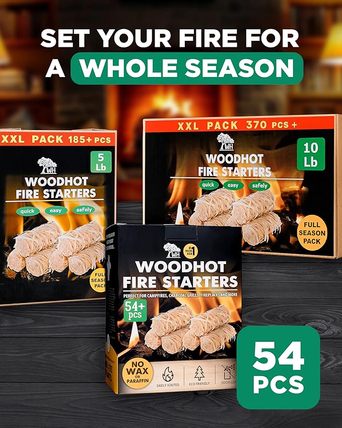 WH 54+ Pack Natural Fire Starters for Indoor Fireplace - Long-Burning Charcoal Starters - Odorless Firestarters for Wood Stove, Chimney, Campfires & Grill - Quick Ignite
