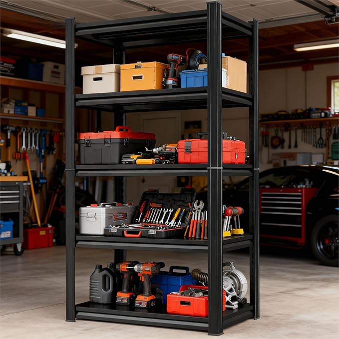 Storage Shelves, Garage Metal Shelving Unit, Adjustable, Double-Layer Column with Reinforced Ribs, Heavy-Duty, Capable of Bearing 3000 lbs, Suitable for Garage, Warehouse, Kitchen Storage