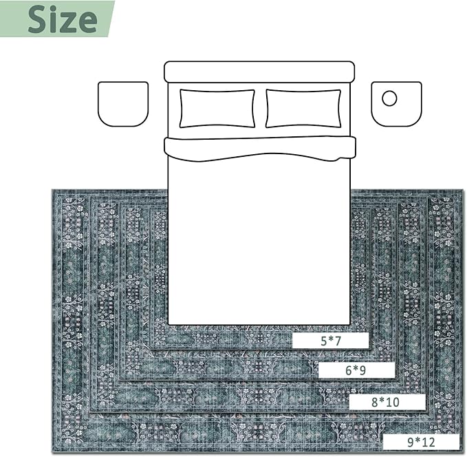 Washable Area Rug 9x12 Living Room Rug,Retro Green Rug for Dining Room Entryway Bedroom Farmhouse Nursery Home Office,Low Pile Stain & Slip Resistant Large Carpet for Bedroom