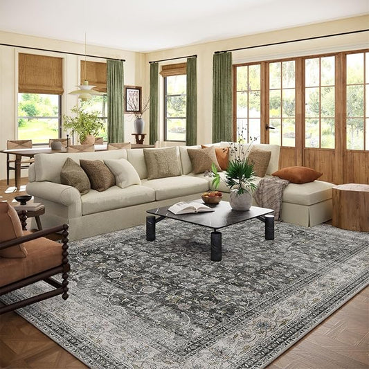 Machine Washable Rugs for Living room: 9x12 bedroom Rug Vintage Boho Area Rug Stain Resistant Non Slip Low Pile Lightweight Soft Carpets for Living room Dining Room Kitchen Nursery Kids Room Farmhouse