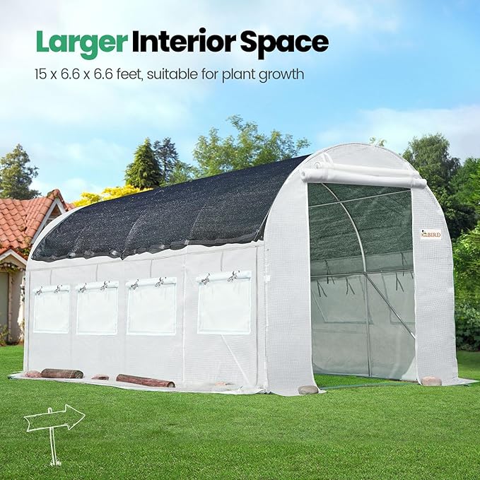 KING BIRD Premium 15x6.6x6.6FT Greenhouse for Outdoors, Large Walk-in Heavy Duty Galvanized Steel Frame, Mesh Door Screen Window Tunnel Hoop Garden Plant Winter Hot House, Side Screen Mesh, White