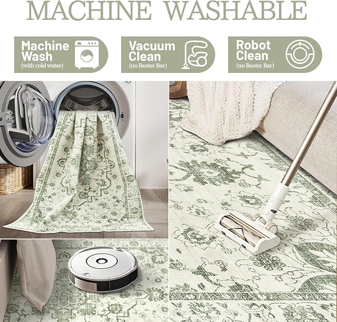 Madane 8x10 Area Rugs for Living Room, Machine Washable Vintage Beige Rug with Non-Slip Backing, Soft Throw Large Rug, Thin Carpet for Bedroom Dining Room Farmhouse Under Table, Green/Ivory