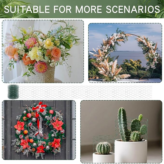 Chicken Wire for Floral Arrangements, 4 x 118 Inch Green Chicken Wire Mesh, Netting Hexagonal Iron Chicken Wires Fence, Galvanized Floral Wire for Crafts Wreaths Garden Poultry