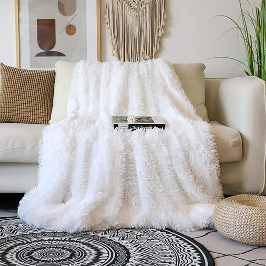 Tuddrom Decorative Extra Soft Faux Fur Blanket Queen Size 80"x90",Solid Reversible Fuzzy Fluffy Plush Fur Blanket for Couch Sofa Bed,Pure White