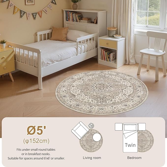 Washable 5 Ft Round Area Rug - 5x5 Area Rugs for Living Room Bedroom Dining Room Home Office Floor Decor- Vintage Floral Stain & Fade Resistant Non-Slip Backing Carpet(Brown/Beige)