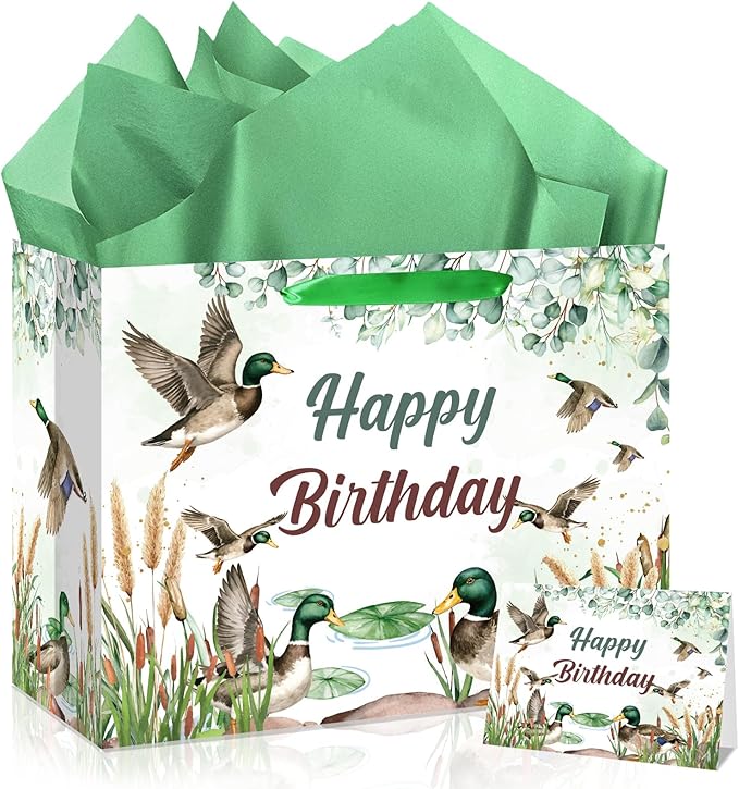 Wayyogh Mallard Duck Hunting Birthday Party Gift Bag Decorations One Lucky Duck Gift Bag with Wrapping Paper & Greeting Card for One Lucky Duck Birthday Party Baby Shower Supplies Decor Decorations