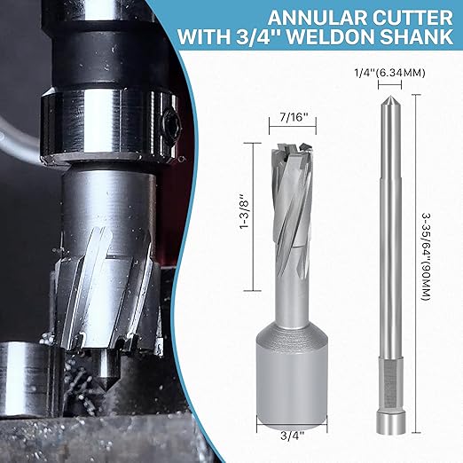 KEENTECH 2-PC Carbide-Tipped Annular Cutter Set, 7/16" Dia x 1-3/8" Depth, 3/4" Weldon Shank (2 Flat), High Speed Cutting TCT Mag Drill Bit with Pilot Pin for Harder Material