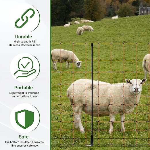 Electric Fence Netting 42.5" H x 164'L, Electric Netting with Posts and Double-Spiked Stakes, Portable Livestock Nets for Backyards, Homesteads, Gardens, Farms, and Ranches