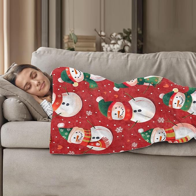 Red Snowmen Throw Blanket 40"x50", Festive Winter Blankets for Holiday Home Decor, Soft Flannel Polyester Cozy Warm for Kids Adults