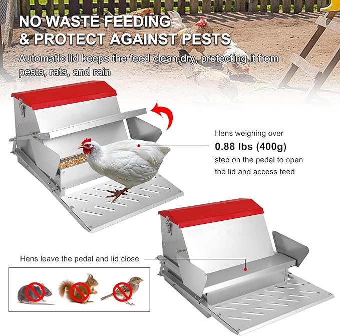 Large Automatic Chicken Feeder-25lb Metal Treadle Chicken Feeder No Waste, Rat Proof Poultry Feeder with Sturdy Galvanized Steel Build & Weatherproof Locking Lid for Duck, Fowl, Pheasants Outdoor Use