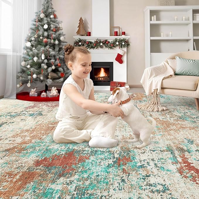 8x10 Christmas Area Rug Living Room Rugs - Washable Neutral Modern Abstract Soft Thin Large Rug Indoor Floor No Slip Rug Carpet for Bedroom Under Dining Table Home Office Decor -Colorful