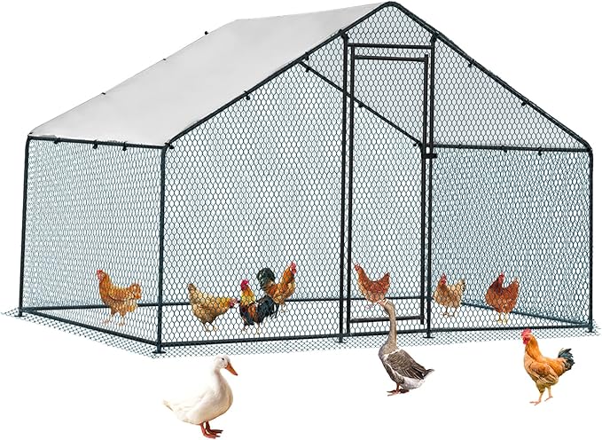 VINGLI Chicken Coop, Large Metal Poultry Cage for Chicken Run, Walk-in Chicken Pen with Waterproof & Anti-UV Cover Outdoor (Black-Spire Roof, 6.5 * 9.8 * 6.5 ft)