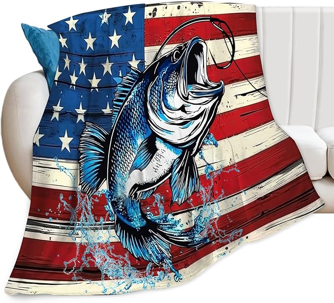 Bass Fish Blanket American Flag Fishing Throw Blankets Gifts for Girls Boys Kids Fishing Lover Soft Cozy Fleece Plush for Couch Sofa Bed 60"x50"