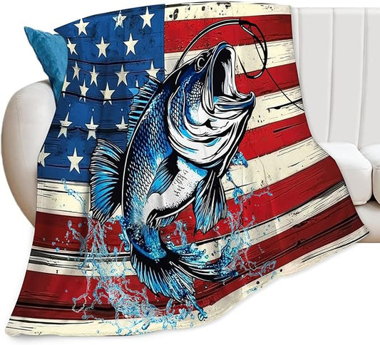 Bass Fish Blanket American Flag Fishing Throw Blankets Gifts for Girls Boys Kids Fishing Lover Soft Cozy Fleece Plush for Couch Sofa Bed 60"x50"