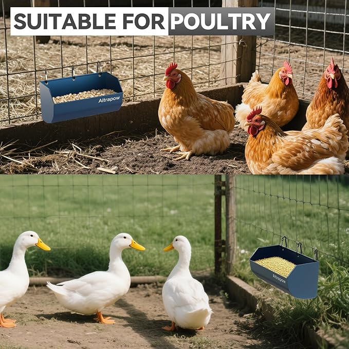 4.5 Quart Hanging Goat Feeder [Material of Metal] with Clips and Nylon Tie Wraps, Fence Feeder [Sturdy and Durable] for Goat, Pig and Dog, Blue, 4 Pack