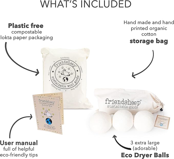 Friendsheep Wool Dryer Balls, Organic Reusable Fabric Softener Alternative for Laundry, Handmade, Fair Trade, Hypoallergenic, Eco-Friendly, Plastic-Free (3 Pack XL – White Trio)