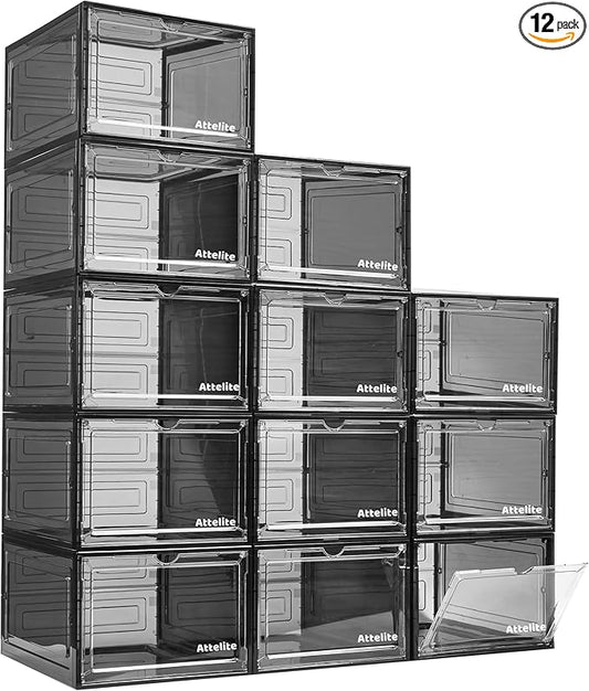 Attelite Upgrade 12pack Shoe Box Storage Containers,Thicken Sturdy Clear Stackable Plastic Shoe Organizer Box with Magnetic Door, Drop Front Shoe Box Sneakers X-Large