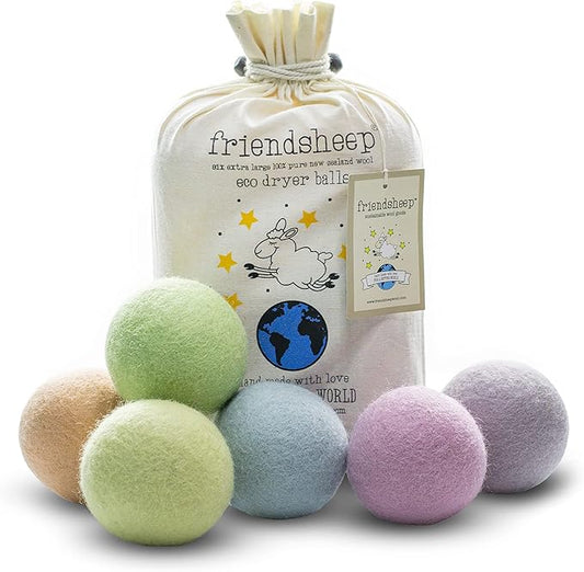 Friendsheep Wool Dryer Balls, Organic Reusable Fabric Softener Alternative for Laundry, Handmade, Fair Trade, Hypoallergenic, Eco-Friendly, Plastic-Free (6 Pack XL - Spring Magic)