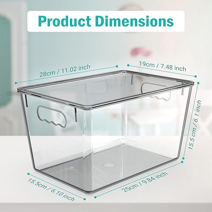 YAN & HIN 8 pcs/set Large Clear Cabinet Storage Bins with Lids - Stackable, Transparent Pantry Storage with Handles, Freezer Plastic Containers (11 "L x 7.5" W x 6.1 "H)