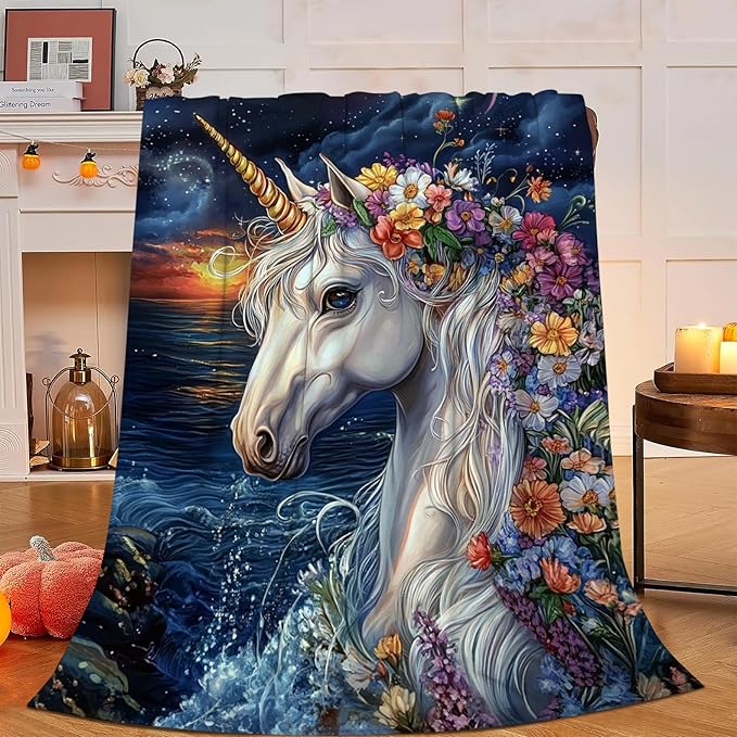 Unicorn Blanket, Ocean Unicorn Throw Blanket, Flower Gifts Blankets Stuff Fleece Flannel Plush for Girls Women Men Boys Lovers Adults Soft Bedding Gift for Sofa Bed Office Home Decor 40"X50"
