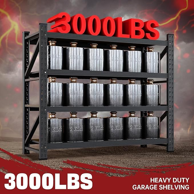 48" W Storage Shelves, 3000LBS Garage Shelving Heavy Duty Metal Adjustable Garage Shelves, Shelving Units Industrial Shelving for Warehouse, 48" W x 24" D x 69" H, Black