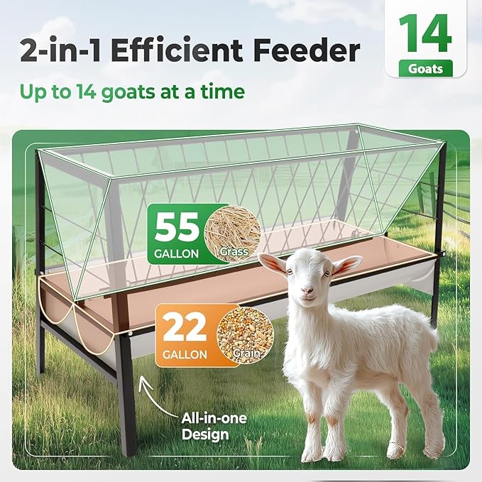 Pasture Hay Feeder 2 in 1 55 Gallon Livestock Feed Trough with 22 Gallon Feed Pan Hay Grain Livestock Feeder for Sheep, Calf, Cow and Horse