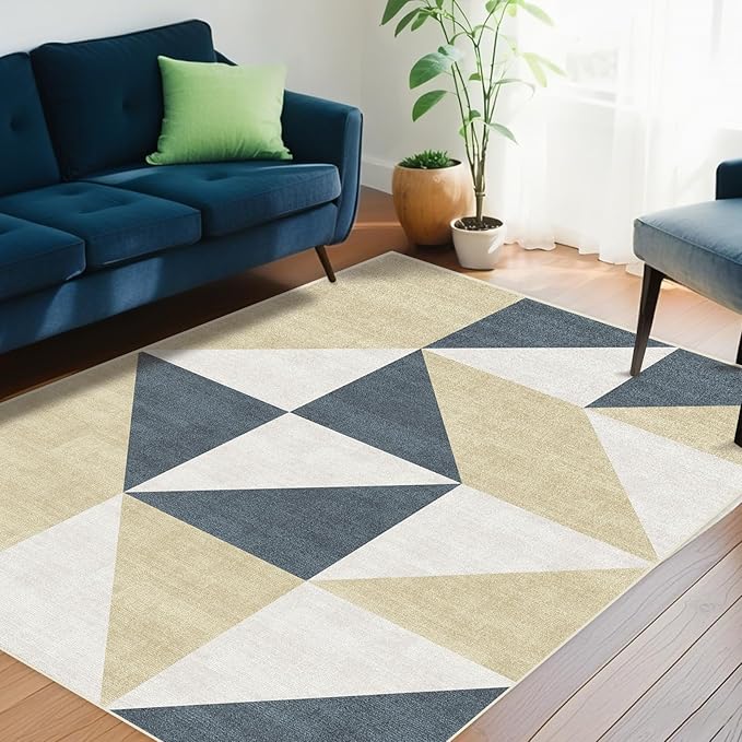 Washable Geometric Area Rugs 5x7 Non-Slip Modern Abstract Soft Large Carpet for Living Room Entryway Bedroom Farmhouse Blue and Gold
