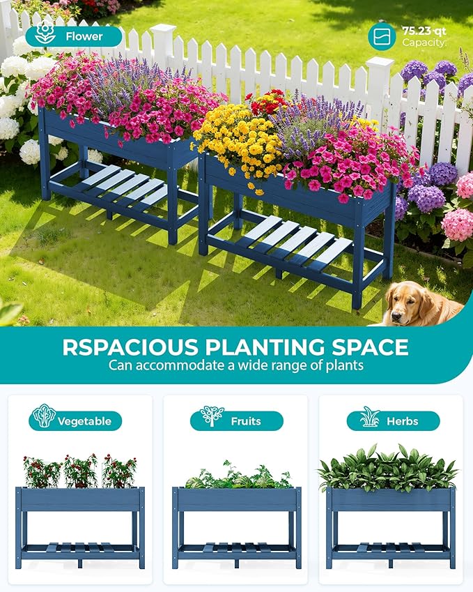 SERWALL Raised Garden Bed Set of 2, HDPE Raised Bed for Gardening All Weather Use- Blue