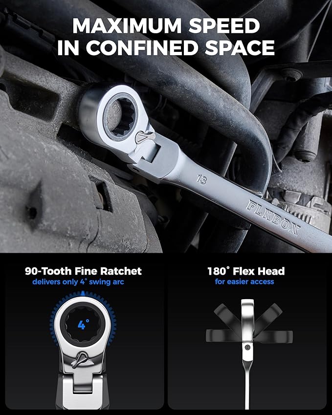 toolant 24pcs Ratcheting Wrench Set, Flex-Head Ratchet Combination Wrench Sets with Switch Design, 8-19mm & 1/4"-7/8", 90-Tooth and 4°Swing, 24PCS with Storage Tray
